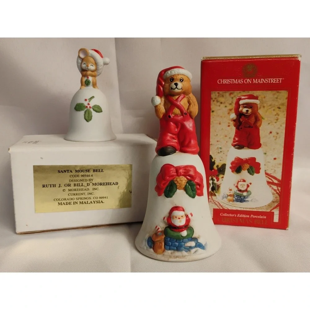 Vintage Christmas Porcelain Bell Bells 2pc Lot Santa Bear Mouse‎ Decorations